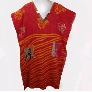 Kantha Patchwork Kimono Tunic Poncho Top Colorful Patch Pockets Woman One Sz #B